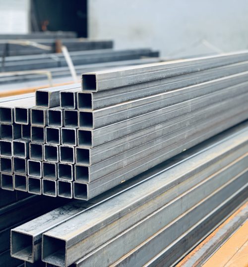 Rectangular metal profile pipe in bundles at a metal products warehouse